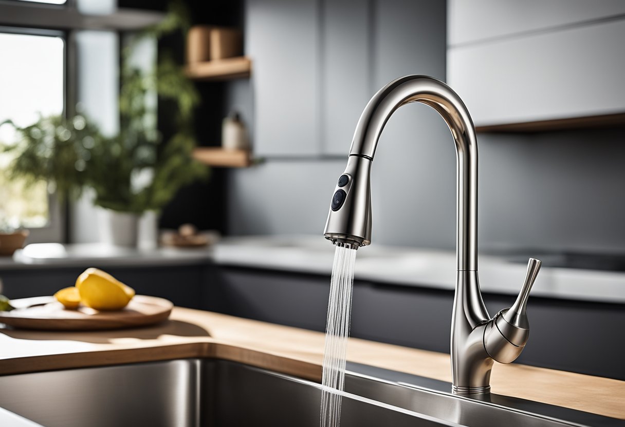 A kitchen faucet with sleek design and pull-down sprayer, featuring touchless technology and easy installation