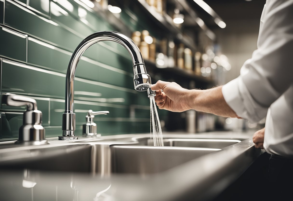 A hand reaches for a sleek chrome kitchen faucet on display in a well-lit store aisle, surrounded by various other plumbing fixtures